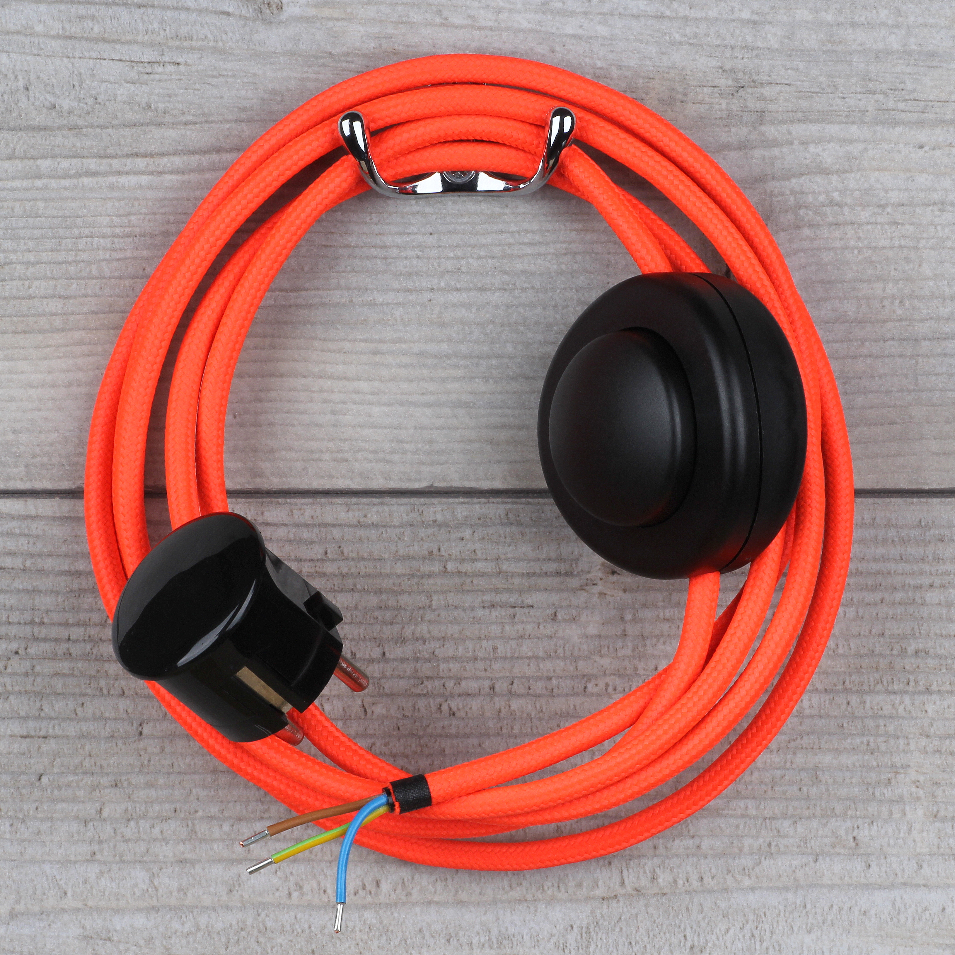 Textilkabel mit Stecker und Schalter neon-orange